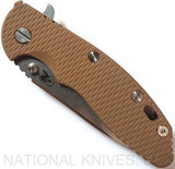Rick Hinderer Knives XM-18 3.5" Slicer folding knife with thumb stud and flipper tab - shown closed presentation side.  Stonewash 20CV stainless steel plain edge blade.  Coyote G-10 handle with stonewash bronze lock side.  Model K310102S000.