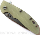 Rick Hinderer Knives XM-18 3.5" Slicer folding knife with thumb stud and flipper tab - shown closed presentation side.  Stonewash 20CV stainless steel plain edge blade.  Translucent Green G-10 handle with stonewash lock side.  Model K310102S000.
