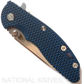 Rick Hinderer Knives XM-18 3.5" Slicer folding knife with thumb stud and flipper tab - shown closed presentation side.  Stonewash 20CV stainless steel plain edge blade.  Blue - black G-10 handle with stonewash blue lock side.  Model K310102S000.