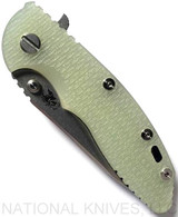 Rick Hinderer Knives XM-18 3.5" Slicer folding knife with thumb stud and flipper tab - shown closed presentation side.  Stonewash 20CV stainless steel plain edge blade.  Translucent Green G-10 handle with stonewash blue titanium lock side.  Model K2012SGS00.