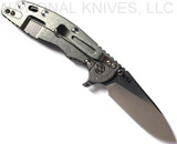 Rick Hinderer Knives XM-18 3.5" Slicer folding knife with thumb stud and flipper tab - shown open lock side.  Stonewash 20CV stainless steel plain edge blade.  Grey G-10 handle with stonewash titanium lock side.  Model K2012SGS00.
