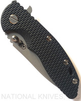 Rick Hinderer Knives XM-18 3.5" Slicer folding knife with thumb stud and flipper tab - shown closed presentation side.  Working Finish 20CV stainless steel plain edge blade.  Black G-10 handle with Working Finish lock side.  Model K310102001.