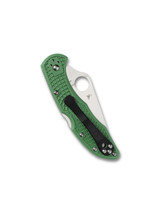 Spyderco Delica 4 folding knife with thumb hole - shown closed pocket clip side.  Satin VG-10 stainless steel plain edge blade.  Green FRN handle.  Model C11FPGR.