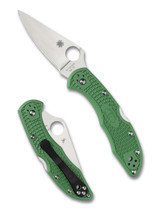 Spyderco Delica 4 folding knife with thumb hole - shown open presentation side and closed pocket clip side.  Satin VG-10 stainless steel plain edge blade.  Green FRN handle.  Model C11FPGR.