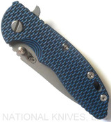 Rick Hinderer Knives XM-18 3.5" Slicer folding knife with thumb stud and flipper tab - shown closed presentation side.  Working Finish 20CV stainless steel plain edge blade.  Blue - black G-10 handle with Working Finish lock side.  Model K310102001.