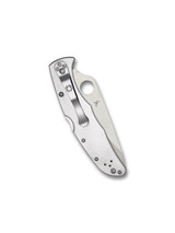 Spyderco Endura 4 folding knife with thumb hole - shown closed pocket clip side.  Satin VG-10 stainless steel plain edge blade.  Stainless steel handle.  Model C10P.