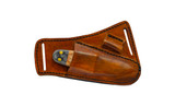 Condor Tool and Knife Primitive Bush Dagger fixed blade knife - shown in sheath obverse.  1075 HC steel plain edge blade.  Micarta handle.  Model CTK3923-2.6HC.