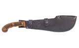 Condor Tool and Knife Departure Bolo machete - shown in sheath obverse.  1075 HC steel plain edge blade.  Wood handle.  Model CTK3955-12.2HC.