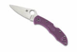 Spyderco Delica 4 folding knife with thumb hole - shown open presentation side.  Satin VG-10 stainless steel plain edge blade.  Purple FRN handle.  Model C11FPPR.
