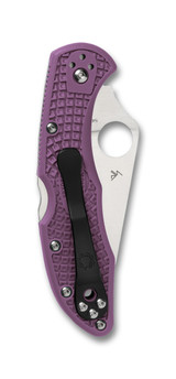 Spyderco Delica 4 folding knife with thumb hole - shown closed pocket clip side.  Satin VG-10 stainless steel plain edge blade.  Purple FRN handle.  Model C11FPPR.