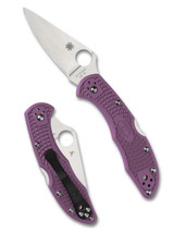 Spyderco Delica 4 folding knife with thumb hole - shown open presentation side and closed pocket clip side.  Satin VG-10 stainless steel plain edge blade.  Purple FRN handle.  Model C11FPPR. Spyderco Delica 4 folding knife with thumb hole - shown open presentation side and closed pocket clip side.  Satin VG-10 stainless steel plain edge blade.  Purple FRN handle.  Model C11FPPR.