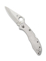 Spyderco Delica 4 folding knife with thumb hole - shown open presentation side.  Satin VG-10 stainless steel plain edge blade.  Stainless steel handle.  Model C11P.