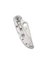 Spyderco Delica 4 folding knife with thumb hole - shown closed pocket clip side.  Satin VG-10 stainless steel plain edge blade.  Stainless steel handle.  Model C11P.