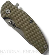 Rick Hinderer Knives Jurassic Spear Point folding knife with thumb stud and flipper tab - shown closed presentation side.  Working Finish 20CV stainless steel plain edge blade.  OD green G-10 handle with Battle Bronze lock side.  Model K208JSGW00.
