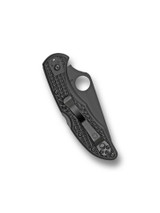Spyderco Delica 4 folding knife with thumb hole - shown closed pocket clip side.  Black VG-10 stainless steel combo edge blade.  Black FRN handle.  Model C11PSBBK.