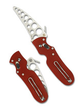 Spyderco P'Kal Trainer folding knife with thumb hole and Emerson wave opener - shown open presentation side and closed pocket clip side.  440C stainless steel trainer blade.  Red G-10 handle.  Model C103TR.