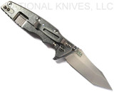 Rick Hinderer Knives Eklipse Tanto folding knife with thumb stud and flipper tab - shown open lock side.  Stonewash 20CV stainless steel plain edge blade.  Black G-10 handle with stonewash lock side.  Model K40042SGS00.