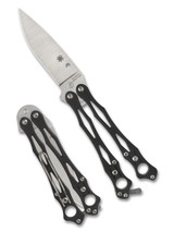 Spyderco Smallfly 2 balisong knife - shown both open and closed. Satin S30V stainless steel plain edge blade. Black G-10 handle. Model B02GP2. Spyderco Smallfly 2 balisong knife - shown both open and closed. Satin S30V stainless steel plain edge blade. Black G-10 handle. Model B02GP2.
