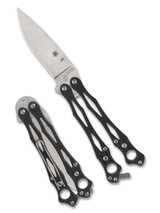 Spyderco Smallfly 2 balisong knife - shown both open and closed. Satin S30V stainless steel plain edge blade. Black G-10 handle. Model B02GP2. Spyderco Smallfly 2 balisong knife - shown both open and closed. Satin S30V stainless steel plain edge blade. Black G-10 handle. Model B02GP2.