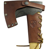 Condor Tool and Knife Cloudburst Axe - close up of head in sheath reverse.  1060 HC steel plain edge head.  Wood handle.  Model CTK2803C16.