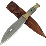 Condor Tool and Knife Primitive Bush fixed blade knife - shown out of sheath reverse with sheath in background.  1075 HC steel plain edge blade.  Micarta handle.  Model CTK242-8HC.
