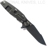 Rick Hinderer Knives Eklipse Harpoon Spanto folding knife with thumb stud and flipper tab - shown open lock side.  Battle Black 20CV stainless steel plain edge blade.  Blue - black G-10 handle with Battle Black lock side.  Model K40342HSNC.
