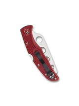 Spyderco Endura 4 Trainer folding knife with thumb hole - shown closed pocket clip side.  AUS-6 stainless steel trainer blade.  Red FRN handle.  Model C10TR.
