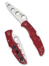 Spyderco Endura 4 Trainer folding knife with thumb hole - shown open presentation side and closed pocket clip side. AUS-6 stainless steel trainer blade. Red FRN handle. Model C10TR. Spyderco Endura 4 Trainer folding knife with thumb hole - shown open presentation side and closed pocket clip side. AUS-6 stainless steel trainer blade. Red FRN handle. Model C10TR.
