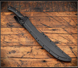 RMJ Tactical Wyvern short sword - shown in sheath.  Textured black 3V steel plain edge blade.  Black G-10 handle scales.  Model 3V-WY-BT-BK.