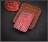 RMJ Tactical Wyvern short sword - 3V Syndicate leather patch and copper coin.  Textured black 3V steel plain edge blade.  Black G-10 handle scales.  Model 3V-WY-BT-BK.