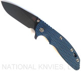 Rick Hinderer Knives XM-18 Slicer Folding Knife, Battle Black 3.5" Plain Edge 20CV Blade, Battle Black Lock Side, Blue - Black G-10 Handle - Tri-Way Pivot