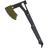 Condor Tool and Knife Blackout Hawk Axe - shown in sheath obverse.  Black coated 1075 steel plain edge head.  Black paper Micarta handle.  Model CTK1817-7.26HC.
For reference only.