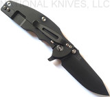 Rick Hinderer Knives Jurassic Spear Point folding knife with thumb stud and flipper tab - shown open lock side.  Battle Black 20CV stainless steel plain edge blade.  Blue - black G-10 handle with Battle Black lock side.  Model K208JSGDBK.
