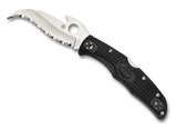 Spyderco Matriarch 2 Emerson folding knife with thumb hole and Emerson Wave Opener - shown open presentation side.  Satin VG-10 stainless steel serrated edge blade.  Black FRN handle.  Model C12SBK2W.