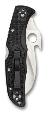 Spyderco Matriarch 2 Emerson folding knife with thumb hole and Emerson Wave Opener - shown closed pocket clip side.  Satin VG-10 stainless steel serrated edge blade.  Black FRN handle.  Model C12SBK2W.