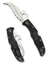 Spyderco Matriarch 2 Emerson folding knife with thumb hole and Emerson Wave Opener - shown open presentation side and closed pocket clip side.  Satin VG-10 stainless steel serrated edge blade.  Black FRN handle.  Model C12SBK2W. Spyderco Matriarch 2 Emerson folding knife with thumb hole and Emerson Wave Opener - shown open presentation side and closed pocket clip side.  Satin VG-10 stainless steel serrated edge blade.  Black FRN handle.  Model C12SBK2W.