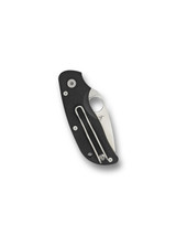 Spyderco Cat folding knife with thumb hole - shown closed pocket clip side.  Satin CTS-BD1N stainless steel plain edge blade.  Black G-10 handle.  Model C129GP.