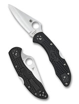 Spyderco Delica 4 folding knife with thumb hole - shown open presentation side and closed pocket clip side.  Satin VG-10 stainless steel, saber ground, plain edge blade.  Black FRN handle.  Model C11PBK. Spyderco Delica 4 folding knife with thumb hole - shown open presentation side and closed pocket clip side.  Satin VG-10 stainless steel, saber ground, plain edge blade.  Black FRN handle.  Model C11PBK.