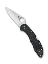 Spyderco Delica 4 folding knife with thumb hole - shown open presentation side.  Satin VG-10 stainless steel, saber ground, plain edge blade.  Black FRN handle.  Model C11PBK.