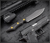 RMJ Tactical Ratatosk fixed blade knife - shown out of sheath obverse.  Cobalt Cerakote Nitro-V stainless steel plain edge blade.  Black carbon fiber handle.