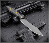 RMJ Tactical Ratatosk fixed blade knife - shown out of sheath obverse.  Cobalt Cerakote Nitro-V stainless steel plain edge blade.  Black carbon fiber handle.