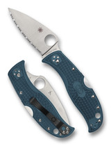Spyderco LeafJumper folding knife with thumb hole - shown open presentation side and closed pocket clip side.  Satin K390 steel serrated edge blade.  Blue FRN handle.  Model C262SBLK390.