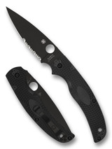 Spyderco Native Chief folding knife with thumb hole - shown open presentation side and closed pocket clip side.  Black CTS-BD1N stainless steel combo edge blade.  Black FRN handle.  Model C244PSBBK.