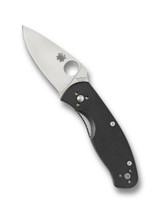 Spyderco Persistence folding knife with thumb hole - shown open presentation side.  Satin 8Cr13MoV stainless steel plain edge blade.  Black G-10 handle.  Model C136GP.