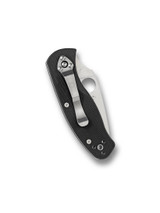 Spyderco Persistence folding knife with thumb hole - shown closed pocket clip side.  Satin 8Cr13MoV stainless steel plain edge blade.  Black G-10 handle.  Model C136GP.