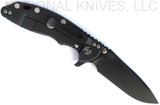 Rick Hinderer Knives XM-18 3.5" Spear Point folding knife with thumb stud and flipper tab - shown open lock side.  Battle Black S45VN stainless steel plain edge blade.  Blue - black G-10 handle with Battle Black lock side.  Model KXM35SPEDLC2.