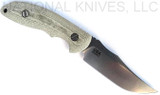 Rick Hinderer Knives Emmett Bowie fixed blade knife - shown out of sheath obverse.  Stonewash 20CV stainless steel plain edge blade.  OD green Micarta handle.  Model KEMBOMI.