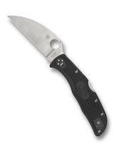 Spyderco Endela folding knife with thumb hole - shown open presentation side.  Satin VG-10 stainless steel, wharncliffe, plain edge blade.  Black FRN handle.  Model C243FPWCBK.