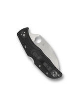 Spyderco Endela folding knife with thumb hole - shown closed pocket clip side.  Satin VG-10 stainless steel, wharncliffe, plain edge blade.  Black FRN handle.  Model C243FPWCBK.

