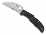Spyderco Endela folding knife with thumb hole - shown open presentation side.  Satin VG-10 stainless steel, wharncliffe, serrated edge blade.  Black FRN handle.  Model C243FSWCBK.